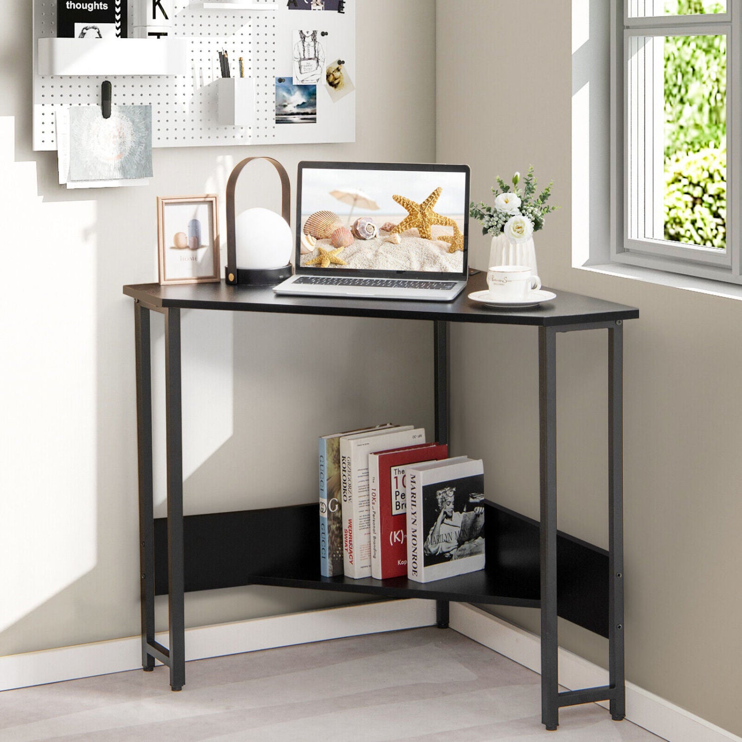 Triangle Computer Corner Desk With Charging Station, Black Corner Desks at Gallery Canada
