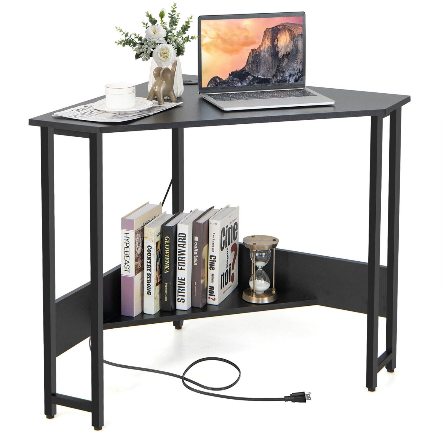 Triangle Computer Corner Desk With Charging Station, Black Corner Desks at Gallery Canada