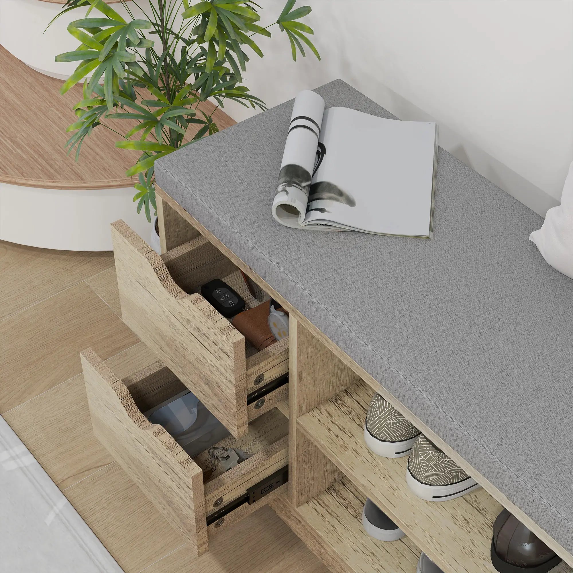 Upholstered Shoe Storage Bench With Seat, Drawer, Open Shelves, Grey Shoe Storage Cabinets & Racks at Gallery Canada