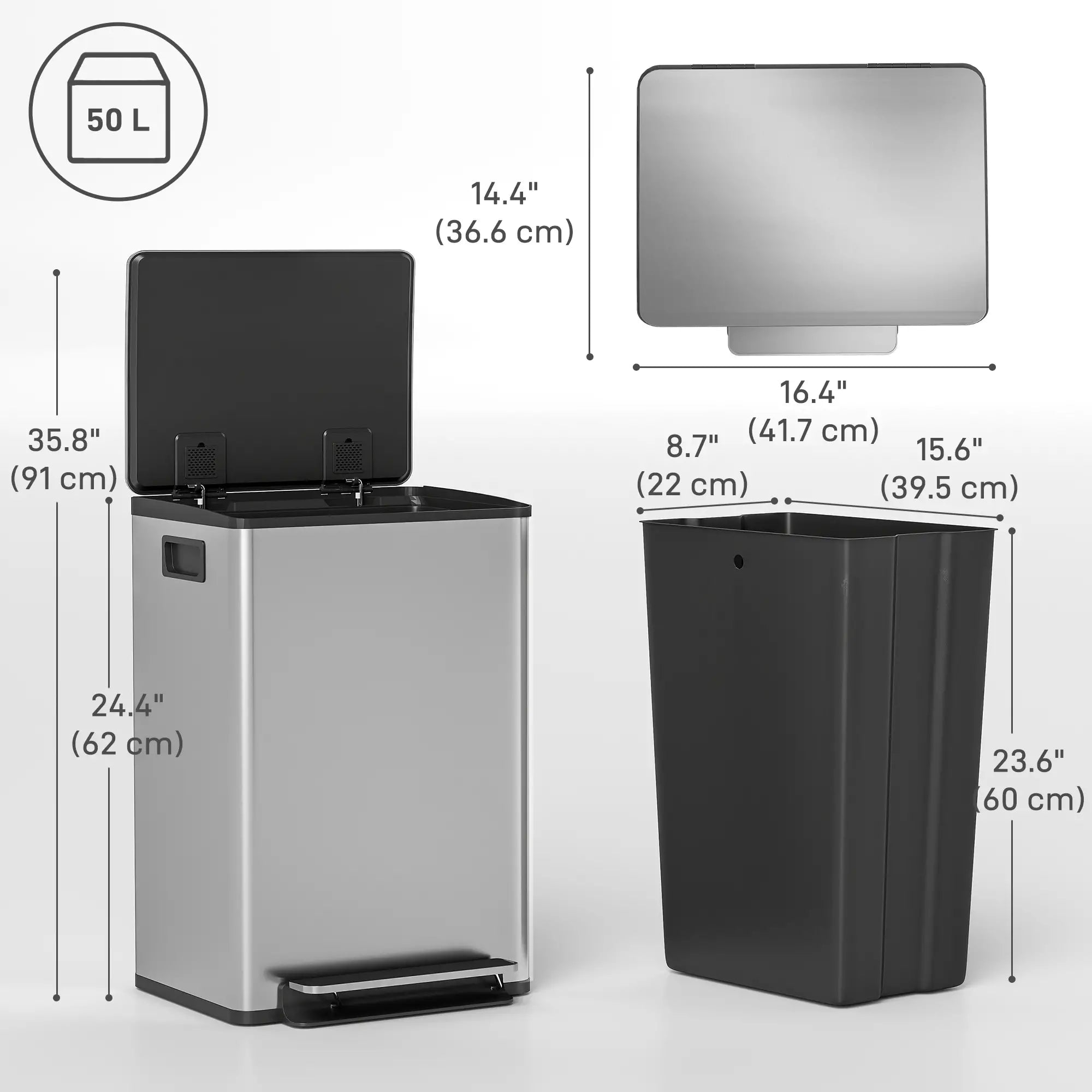 Trash Can with Soft-Close Lid, Garbage Can with Removable Inner Bucket for Kitchen 13.2gal, Silver Household Supplies at Gallery Canada