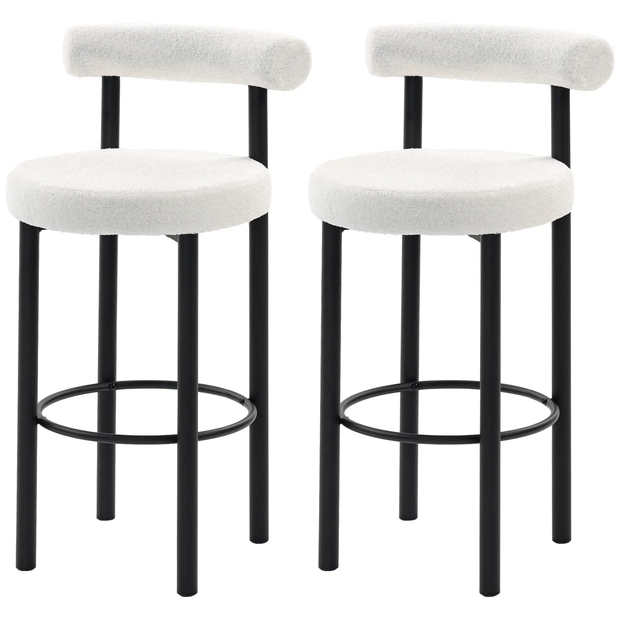 Sherpa Upholstered Bar Stools Set of 2, With Backrest and Footrest Bar Stools Cream White, Black at Gallery Canada