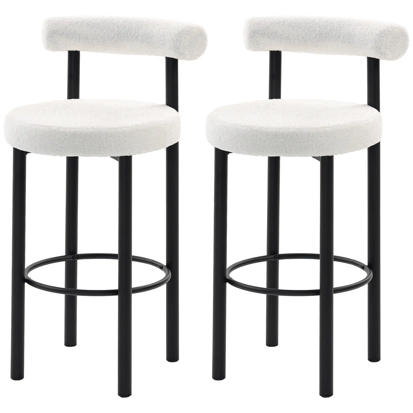 Sherpa Upholstered Bar Stools Set of 2, With Backrest and Footrest Bar Stools Cream White, Black at Gallery Canada