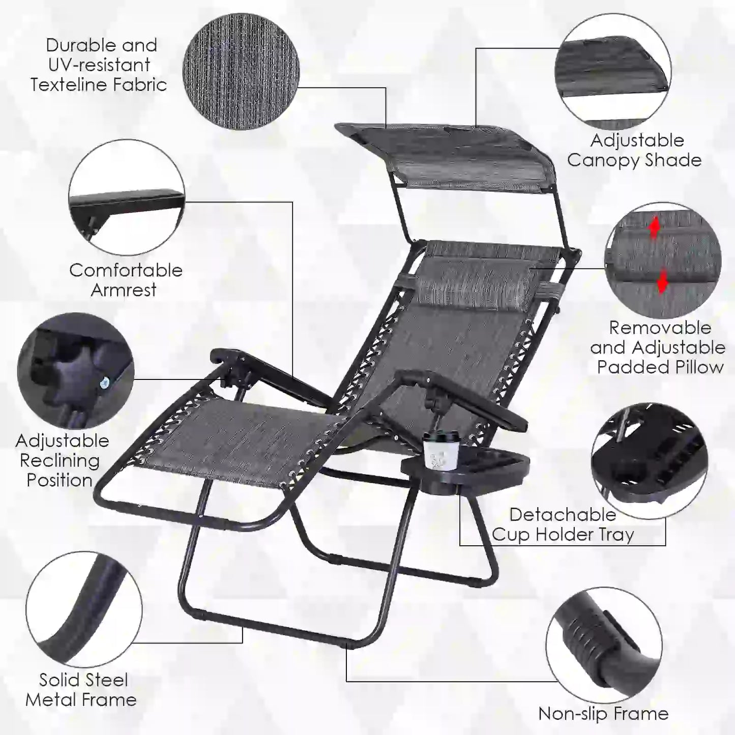 2 Piece Foldable Lounge Chair with Canopy, Outdoor Zero Gravity Chair, Dark Grey Lounger Chairs at Gallery Canada
