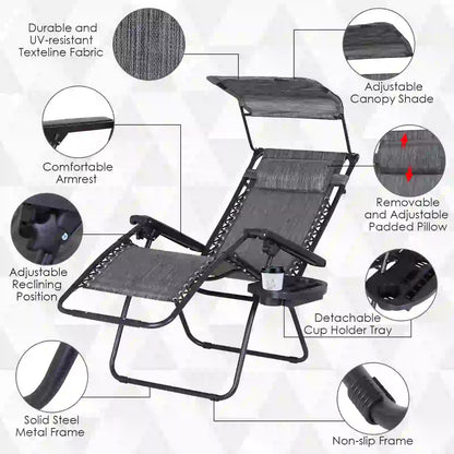2 Piece Foldable Lounge Chair with Canopy, Outdoor Zero Gravity Chair, Dark Grey Lounger Chairs at Gallery Canada