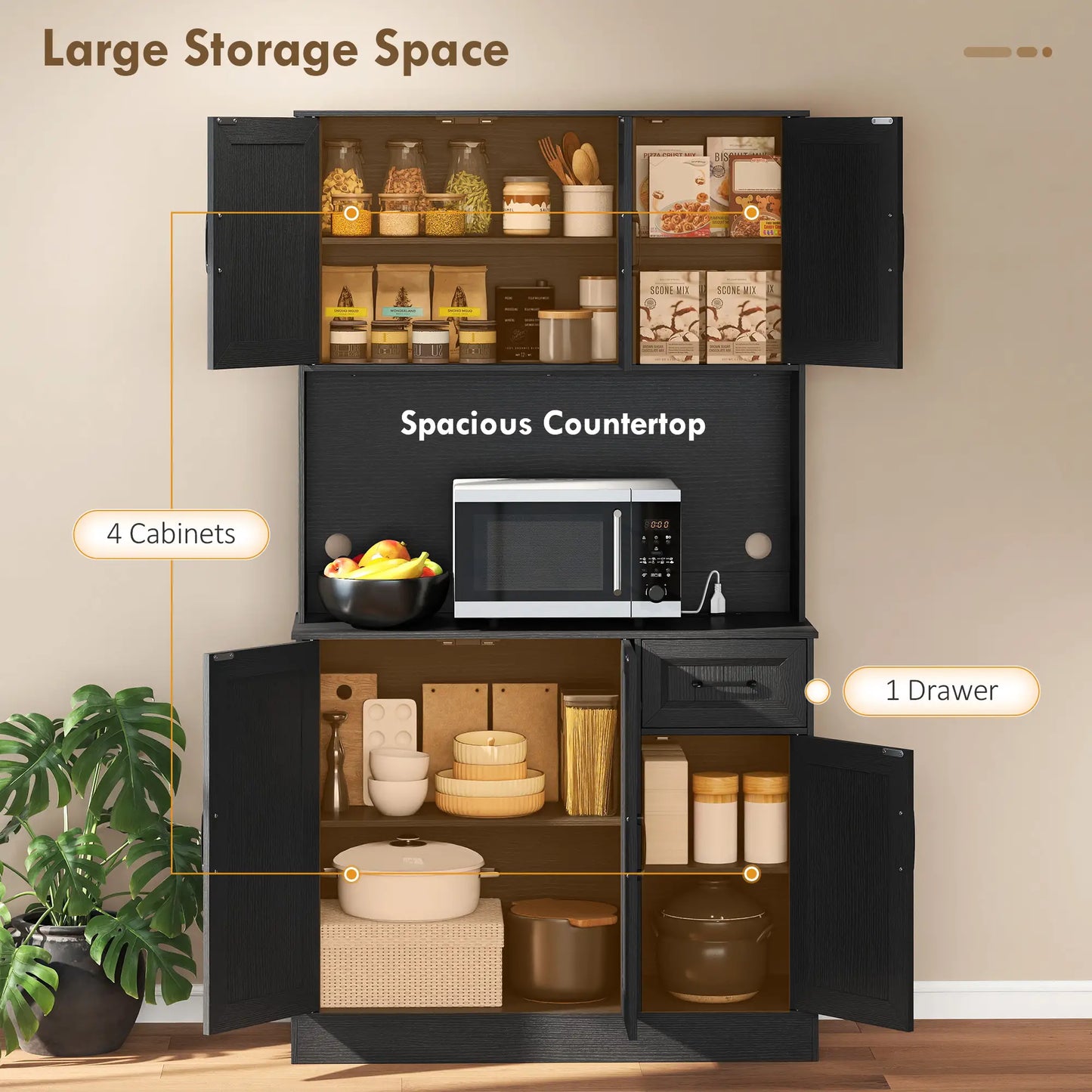 71 Inch Pantry Cabinet with Charging Station, Microwave Stand, Adjustable Shelves, Black Kitchen Pantry Cabinets at Gallery Canada