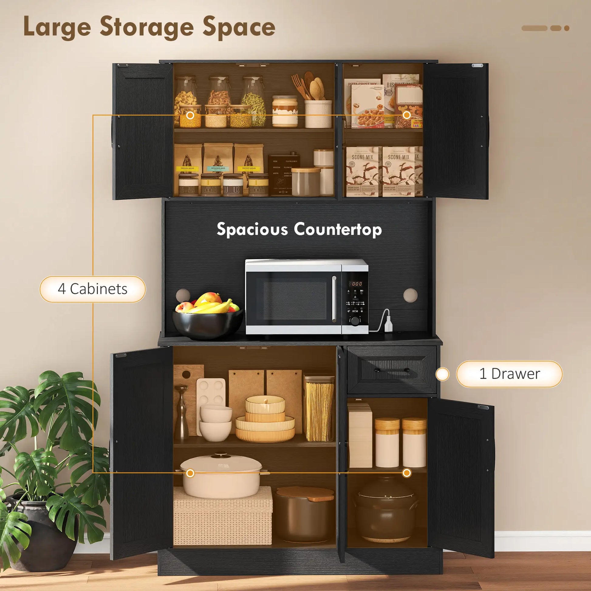 71 Inch Pantry Cabinet with Charging Station, Microwave Stand, Adjustable Shelves, Black Kitchen Pantry Cabinets at Gallery Canada