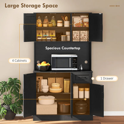 71 Inch Pantry Cabinet with Charging Station, Microwave Stand, Adjustable Shelves, Black Kitchen Pantry Cabinets at Gallery Canada