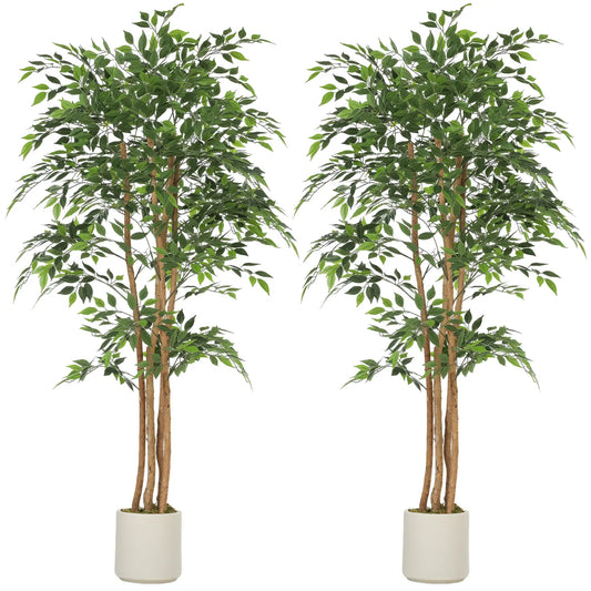 6FT Artificial Banyan Tree Set, Fake Potted Tree With Wood Trunk Artificial Trees Green, White at Gallery Canada