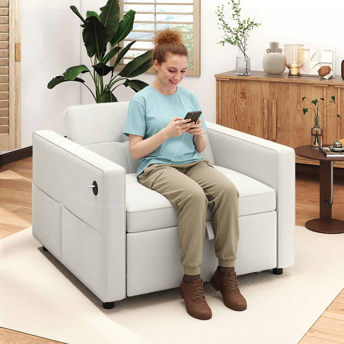 Convertible Chair Bed, Pull Out Sleeper with USB, Adjustable Backrest, Velvet Futon, Cream White Single Sofas at Gallery Canada