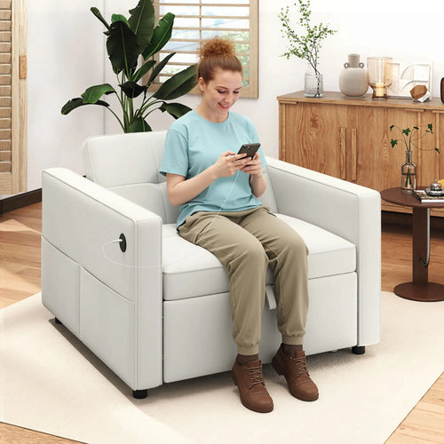 Convertible Chair Bed, Pull Out Sleeper with USB, Adjustable Backrest, Velvet Futon, Cream White