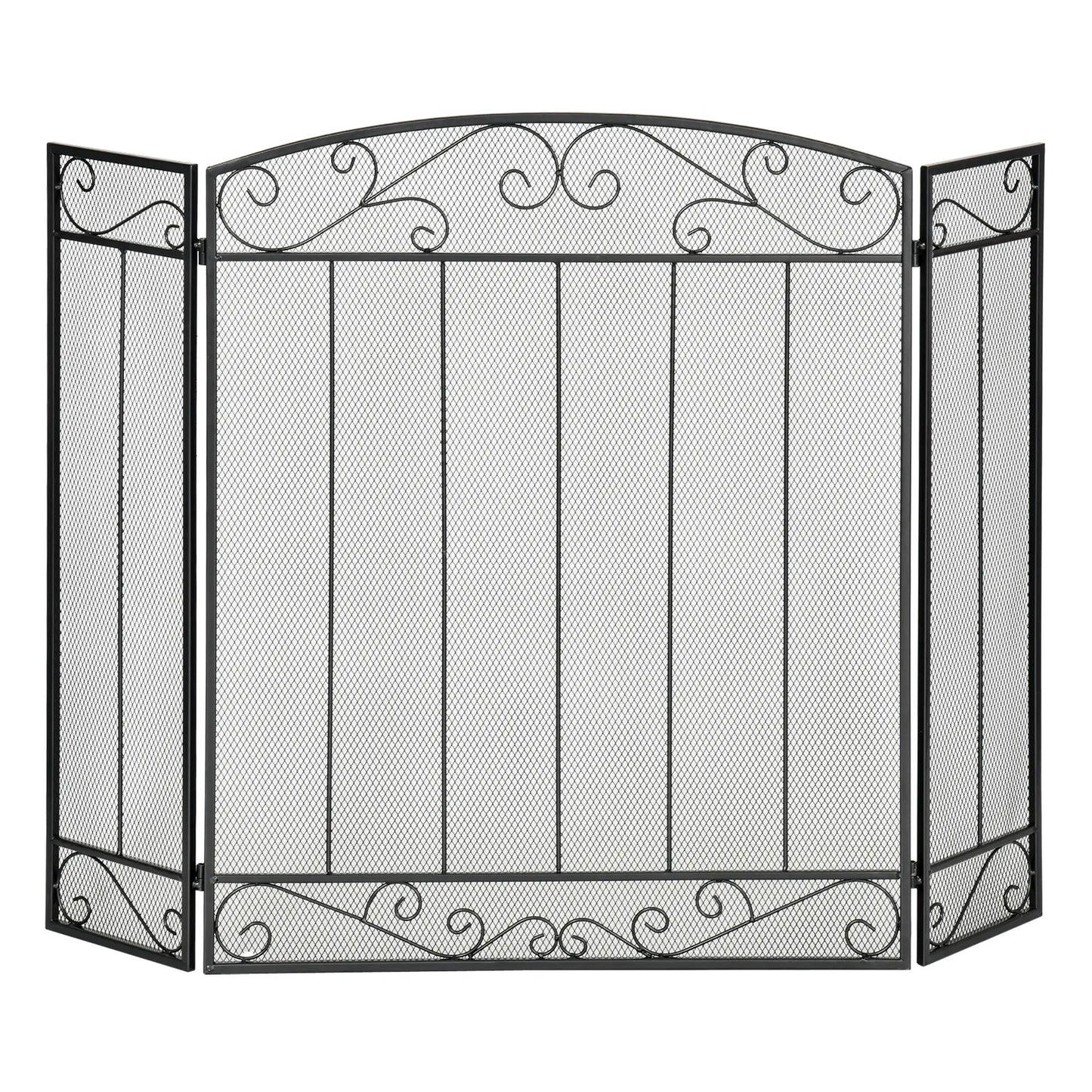 3-Panel Folding Fireplace Screen, Steel Mesh, Decorative Vine Pattern, 41.25" x 31.75", Black Fireplace Screens Black at Gallery Canada