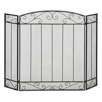 3-Panel Folding Fireplace Screen, Steel Mesh, Decorative Vine Pattern, 41.25" x 31.75", Black Fireplace Screens Black at Gallery Canada