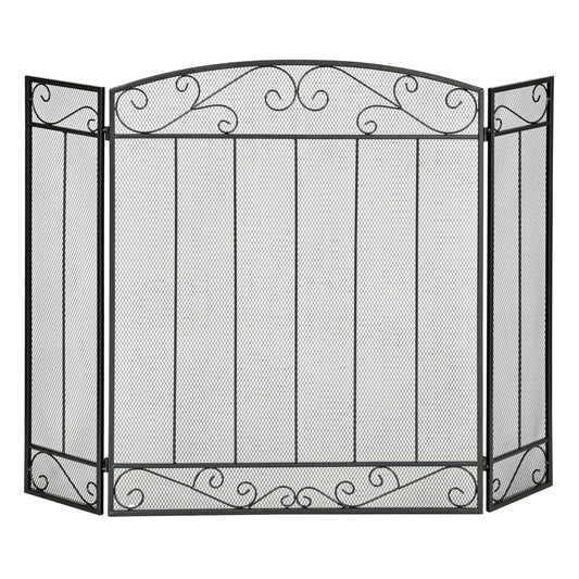 3-Panel Folding Fireplace Screen, Steel Mesh, Decorative Vine Pattern, 41.25" x 31.75", Black Fireplace Screens Black at Gallery Canada