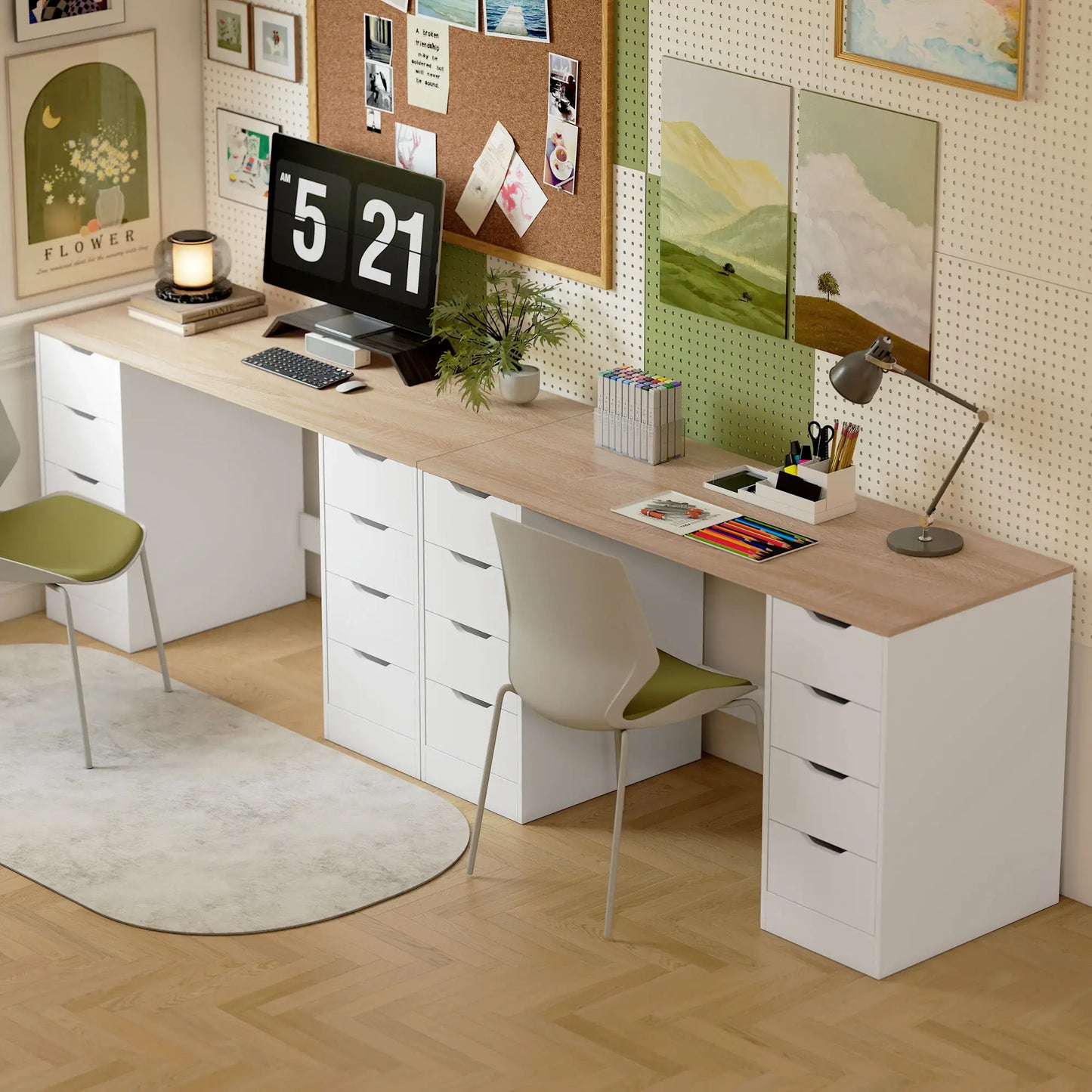 Desk With 8 Drawers, 55.1"W, White, Modern Computer Desk, White
