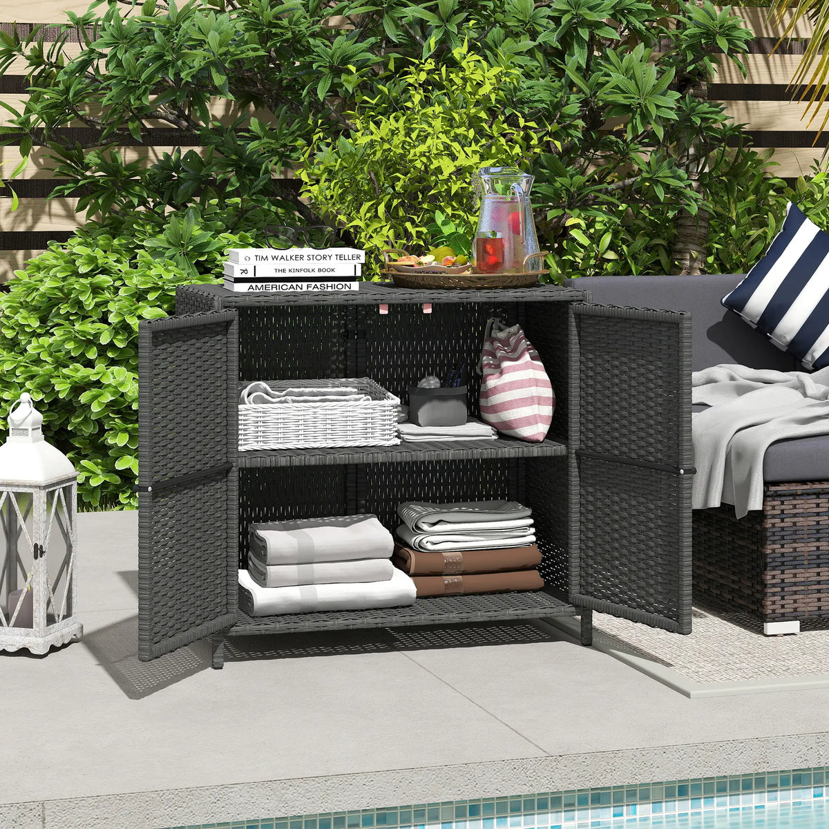 Outdoor Storage Cabinet, Double Magnetic Doors, PE Rattan Towel Rack, Dark Grey Patio Storage Boxes at Gallery Canada