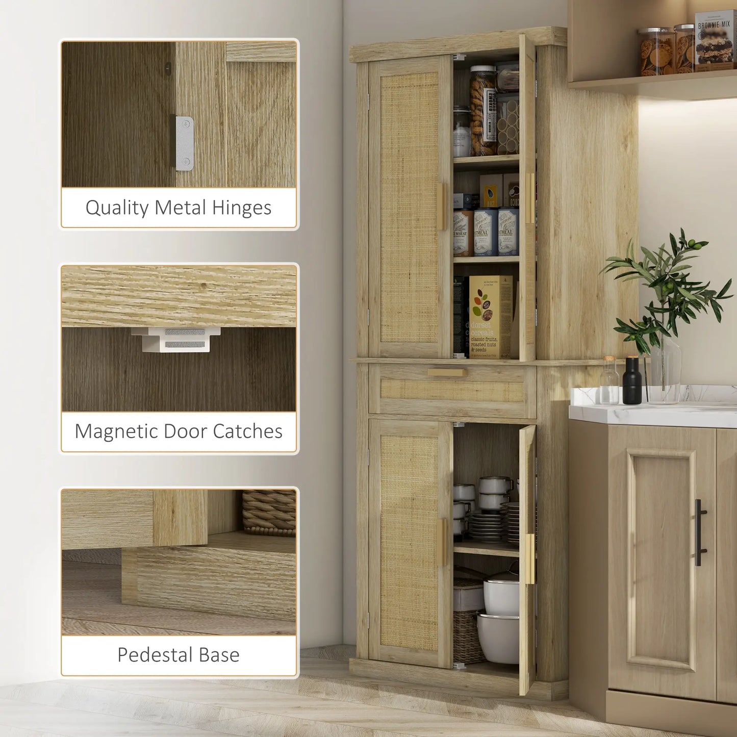 72" Kitchen Storage Cabinet, Rattan Pantry, 4 Doors, Drawer, 5-Tier Shelf, Oak Kitchen Pantry Cabinets at Gallery Canada