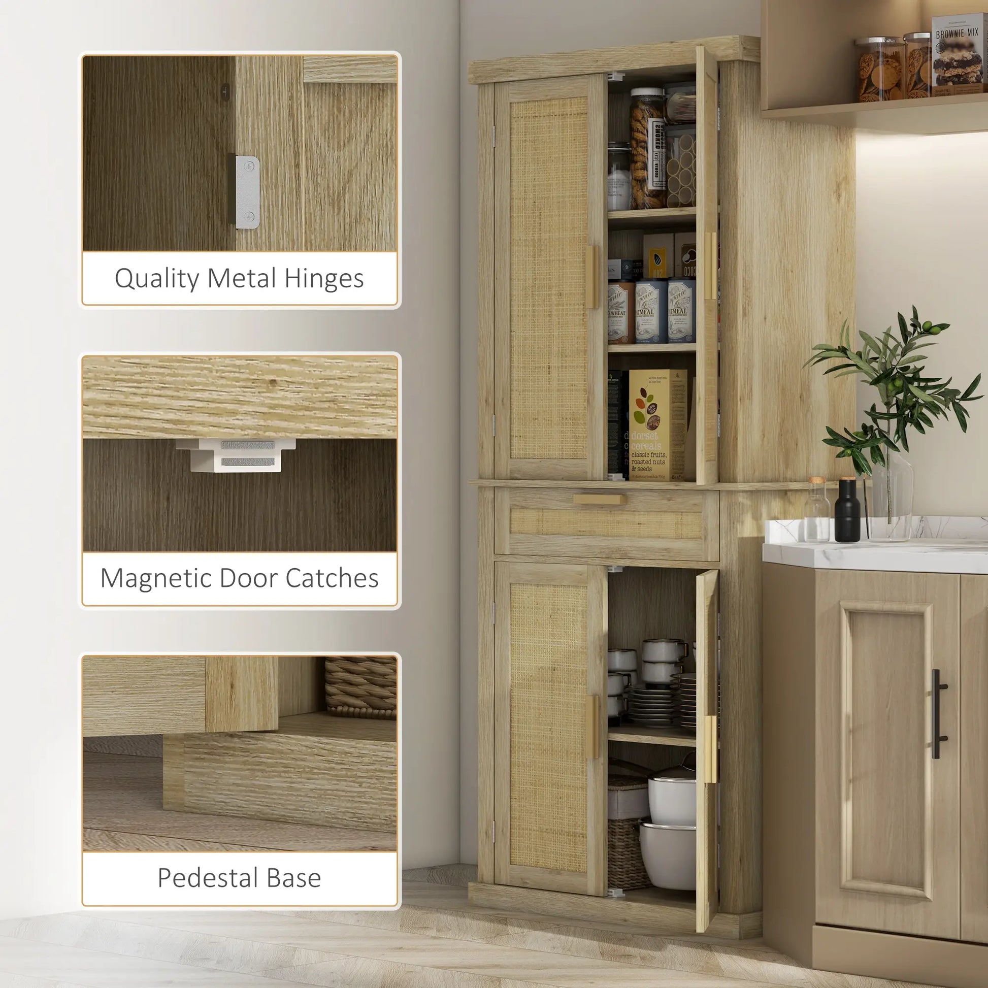 72" Kitchen Storage Cabinet, Rattan Pantry, 4 Doors, Drawer, 5-Tier Shelf, Oak Kitchen Pantry Cabinets at Gallery Canada