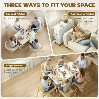 Drop Leaf Dining Table, Mobile Folding Table With Drawers, Marble White, White Dining Tables at Gallery Canada