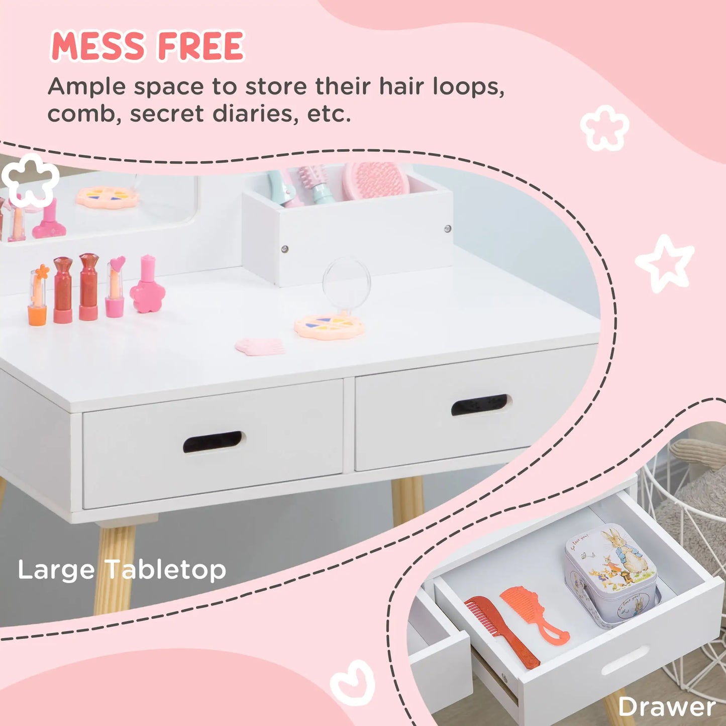 Kids Vanity Set With Mirror, Stool, Drawers, White Kids Bedroom Furniture at Gallery Canada