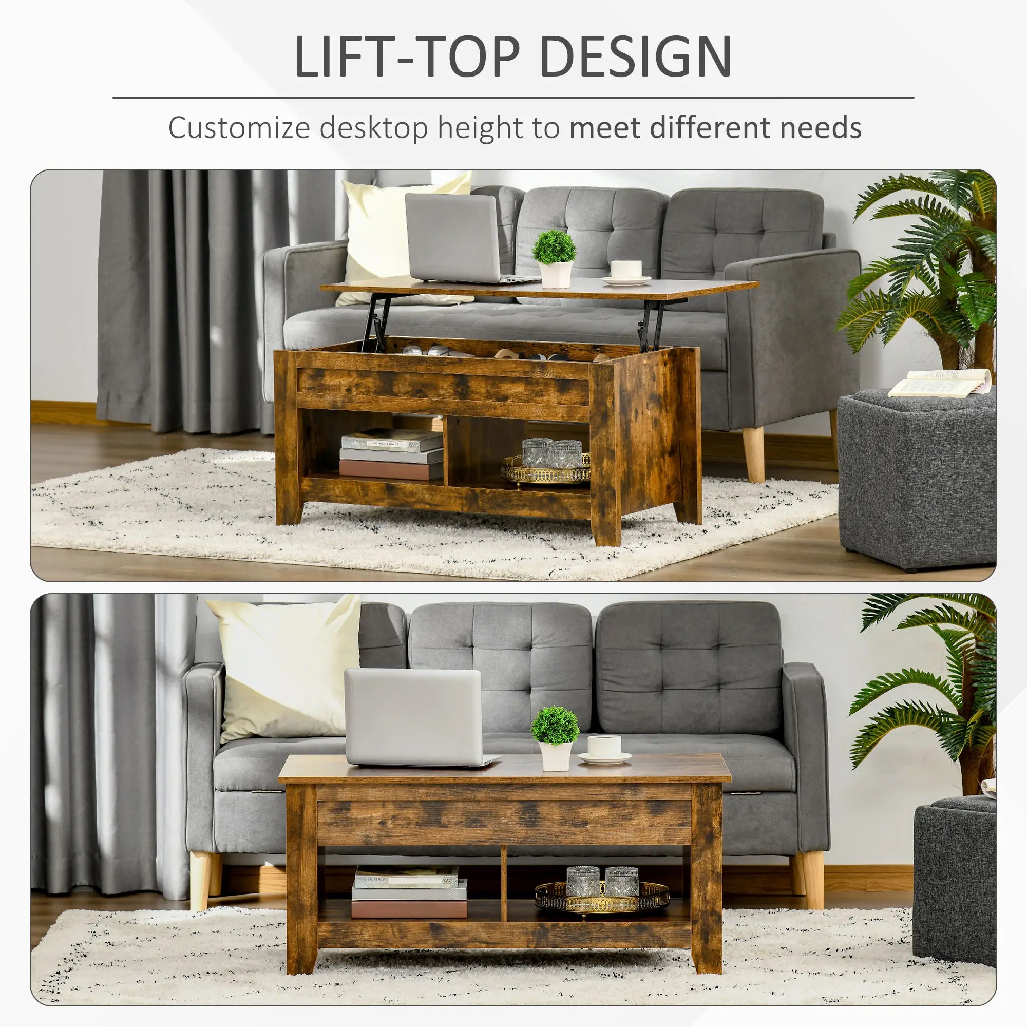 Lift Top Coffee Table, Hidden Storage, Open Shelves, Brown Coffee Tables at Gallery Canada