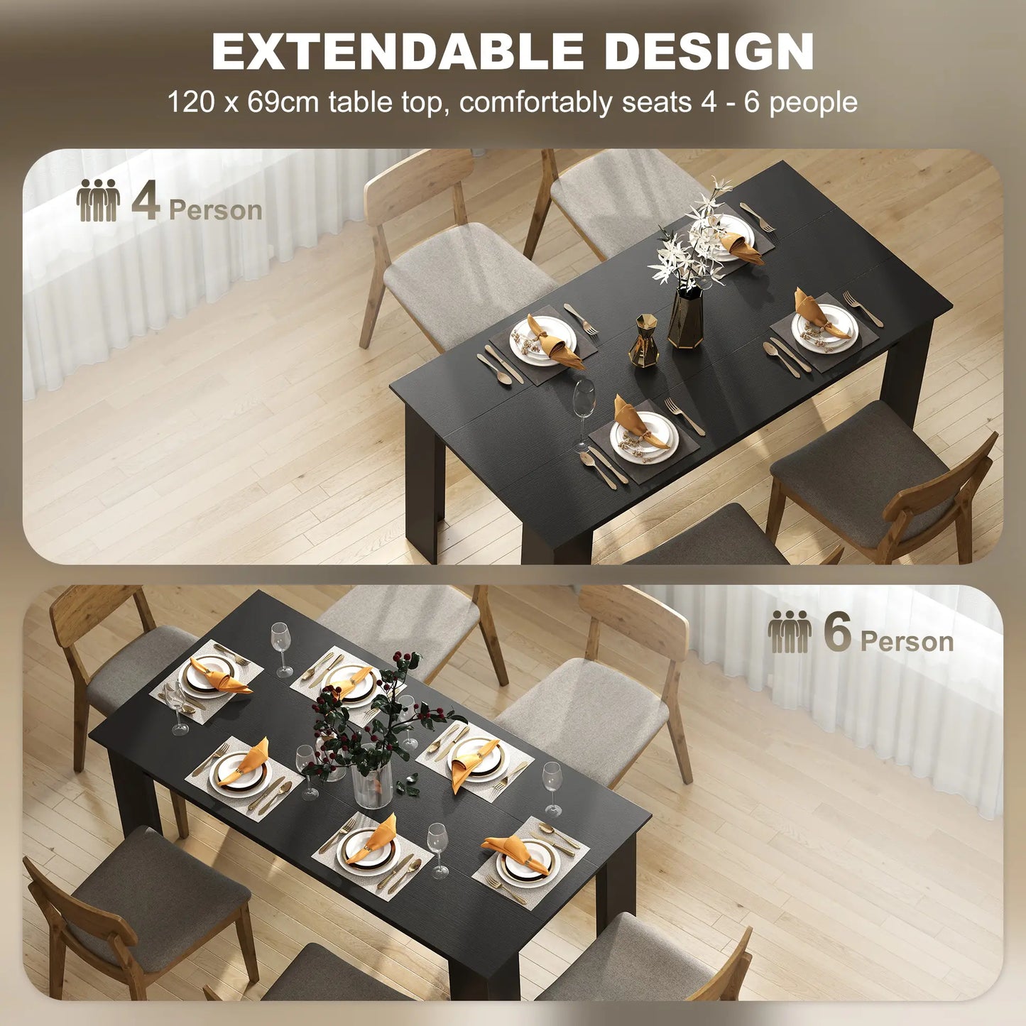 63" Kitchen Table for 4-6 People, Wood Effect, Black Dining Tables at Gallery Canada