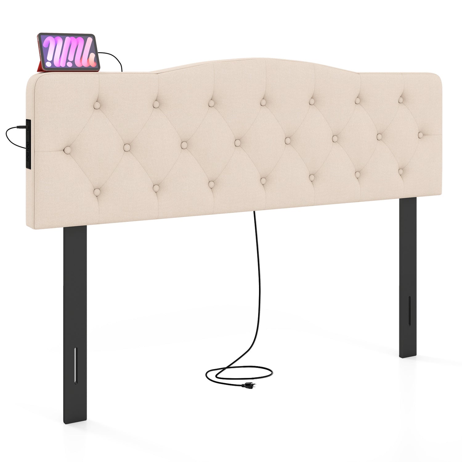 Tufted Upholstered Headboard, Queen Full Size, 2 AC Outlets, Beige Headboards at Gallery Canada