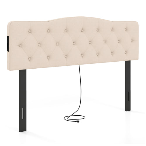 Tufted Upholstered Headboard, Queen Full Size, 2 AC Outlets, Beige