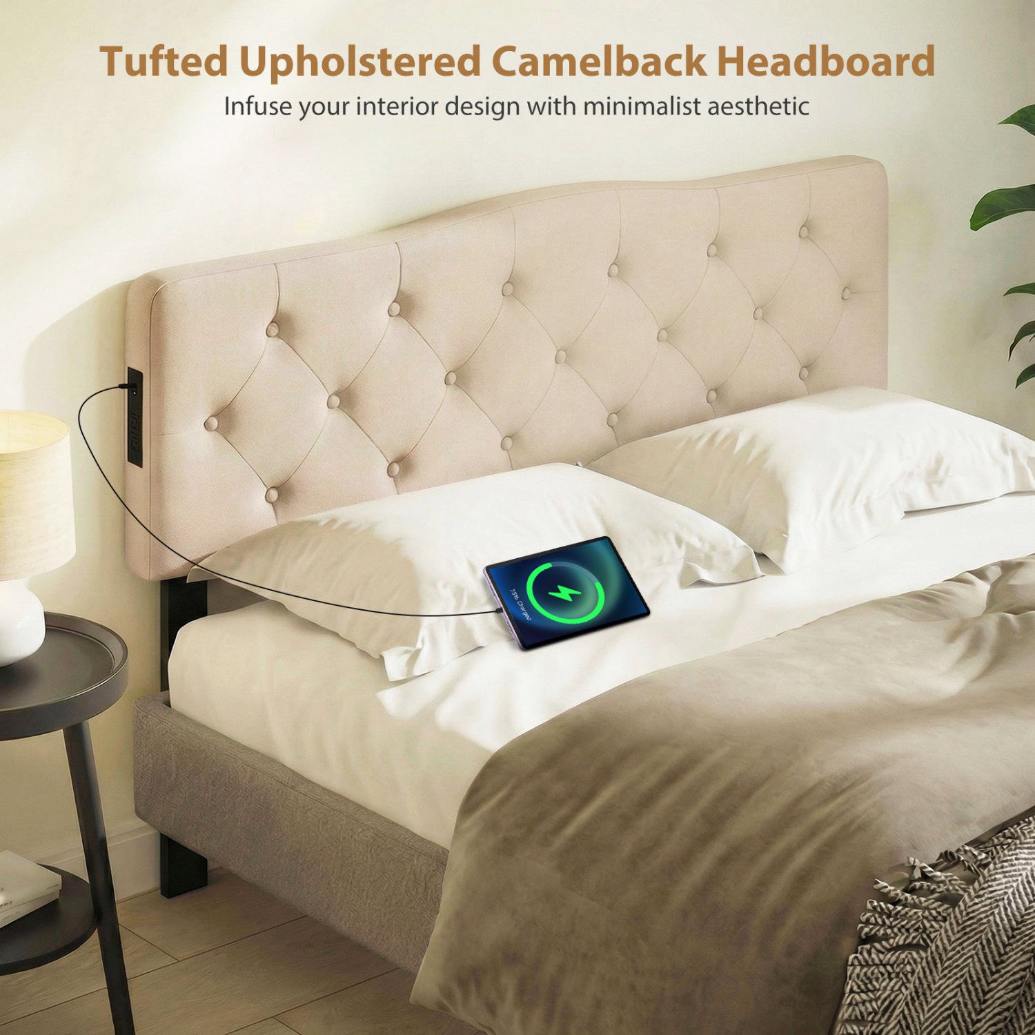 Tufted Upholstered Headboard, Queen Full Size, 2 AC Outlets, Beige Headboards at Gallery Canada