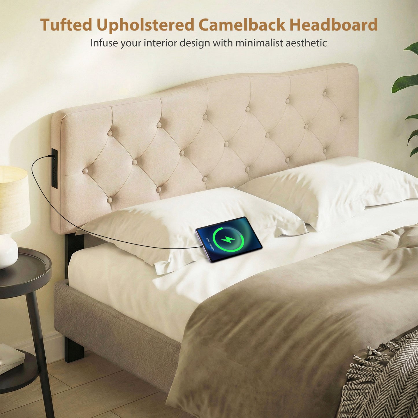 Tufted Upholstered Headboard, Queen Full Size, 2 AC Outlets, Beige Headboards at Gallery Canada