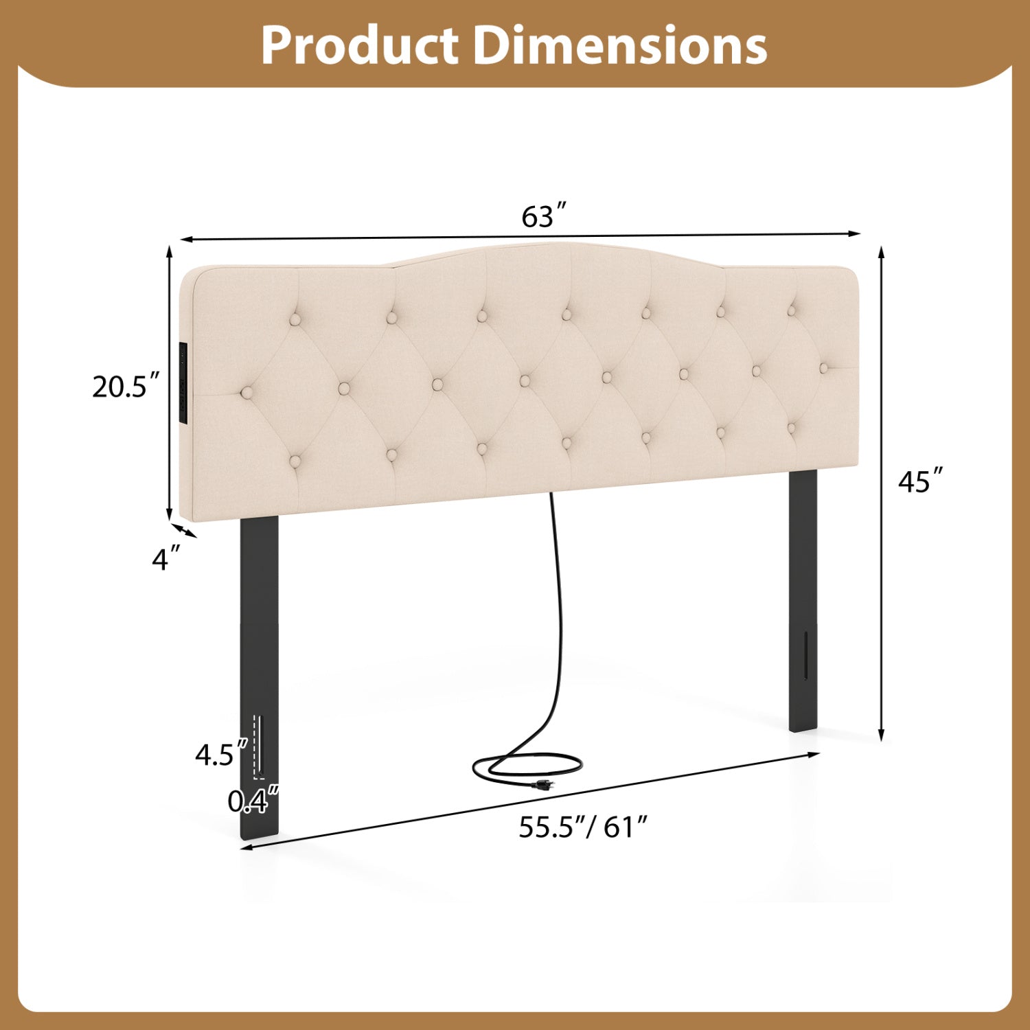 Tufted Upholstered Headboard, Queen Full Size, 2 AC Outlets, Beige Headboards at Gallery Canada