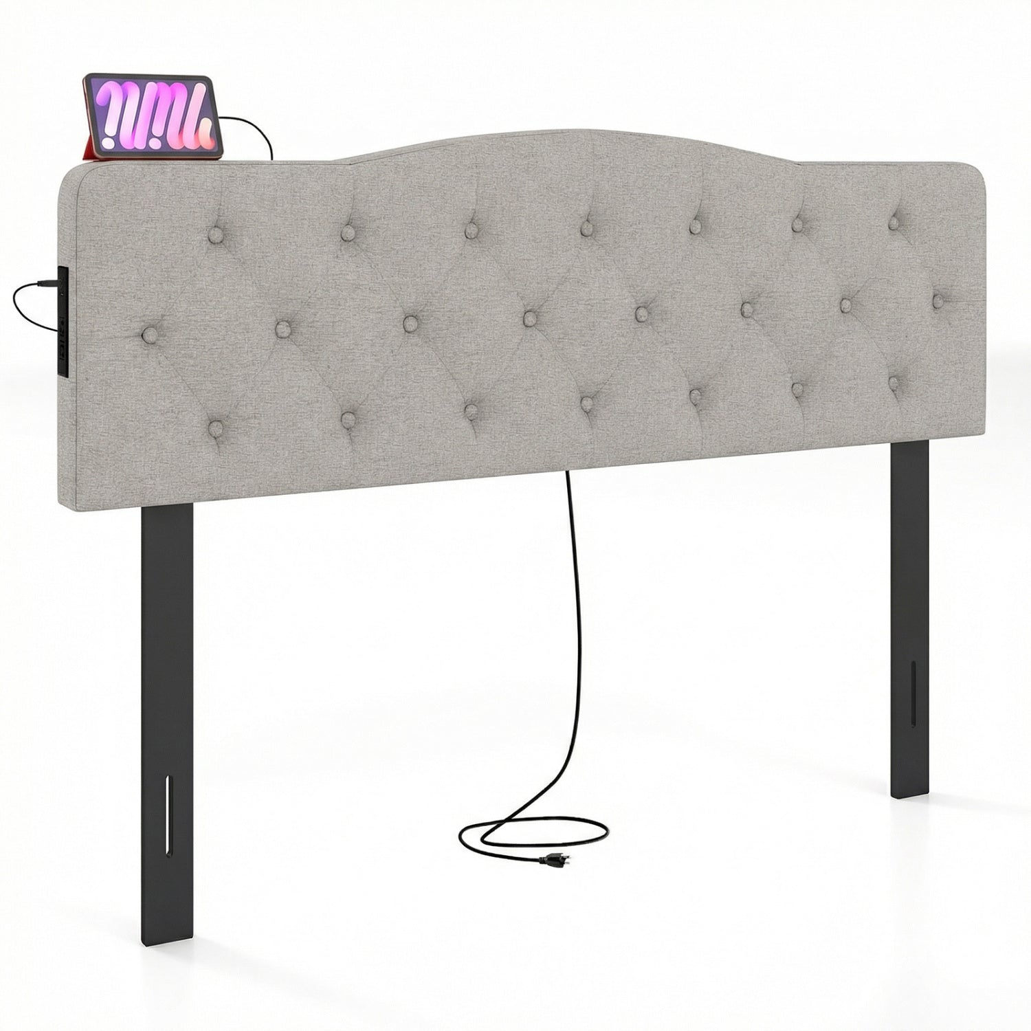 Tufted Upholstered Headboard, Queen Full Size, 2 AC Outlets, Gray Headboards at Gallery Canada