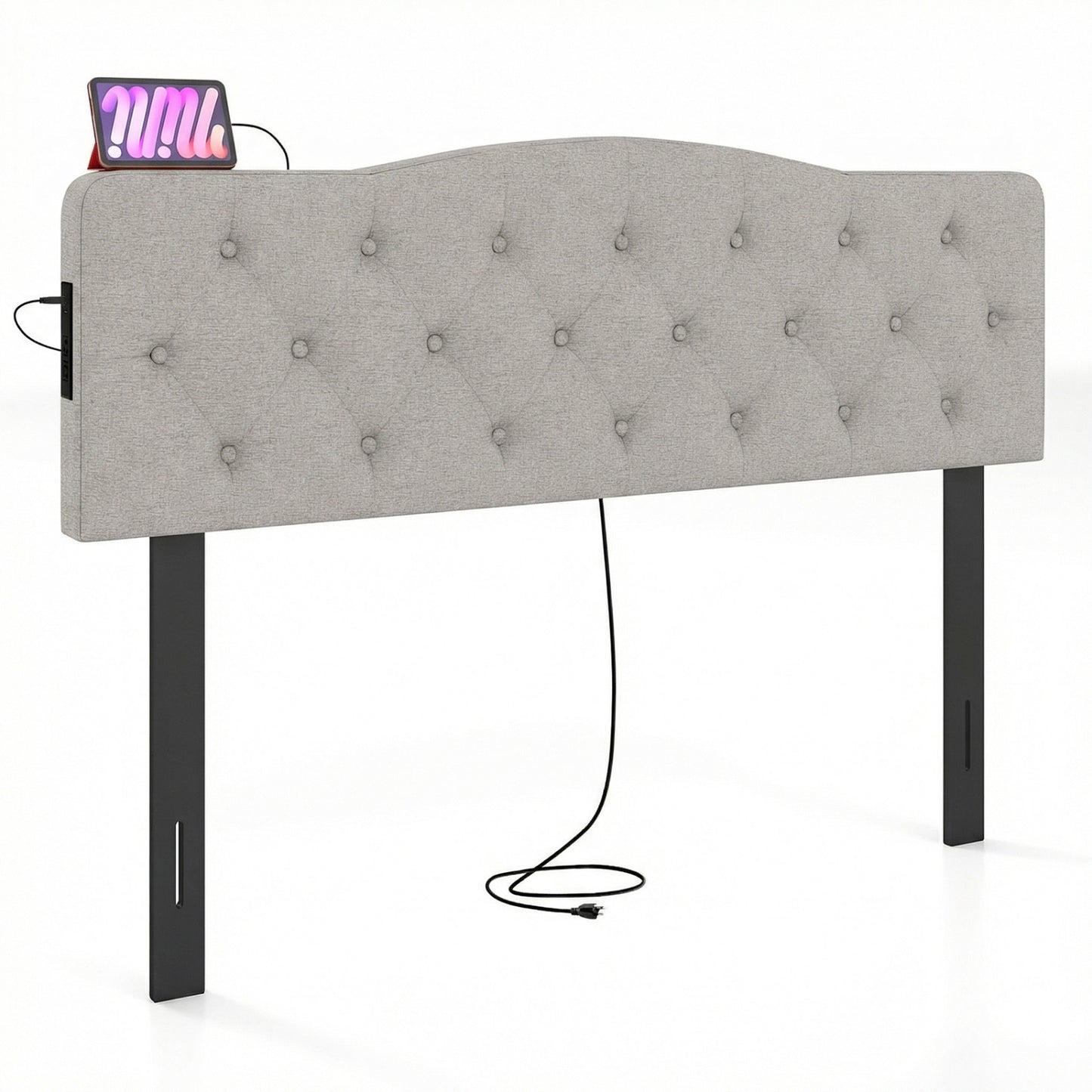 Tufted Upholstered Headboard, Queen Full Size, 2 AC Outlets, Gray Headboards at Gallery Canada