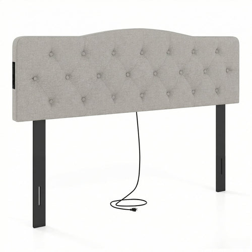 Tufted Upholstered Headboard, Queen Full Size, 2 AC Outlets, Gray