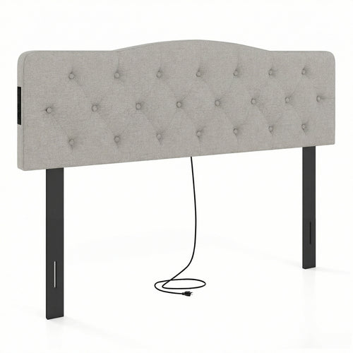 Tufted Upholstered Headboard, Queen Full Size, 2 AC Outlets, Gray