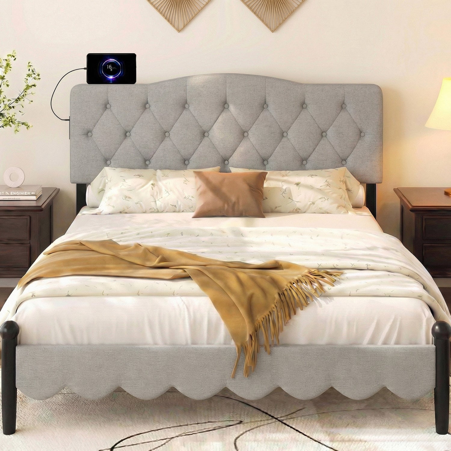 Tufted Upholstered Headboard, Queen Full Size, 2 AC Outlets, Gray Headboards at Gallery Canada