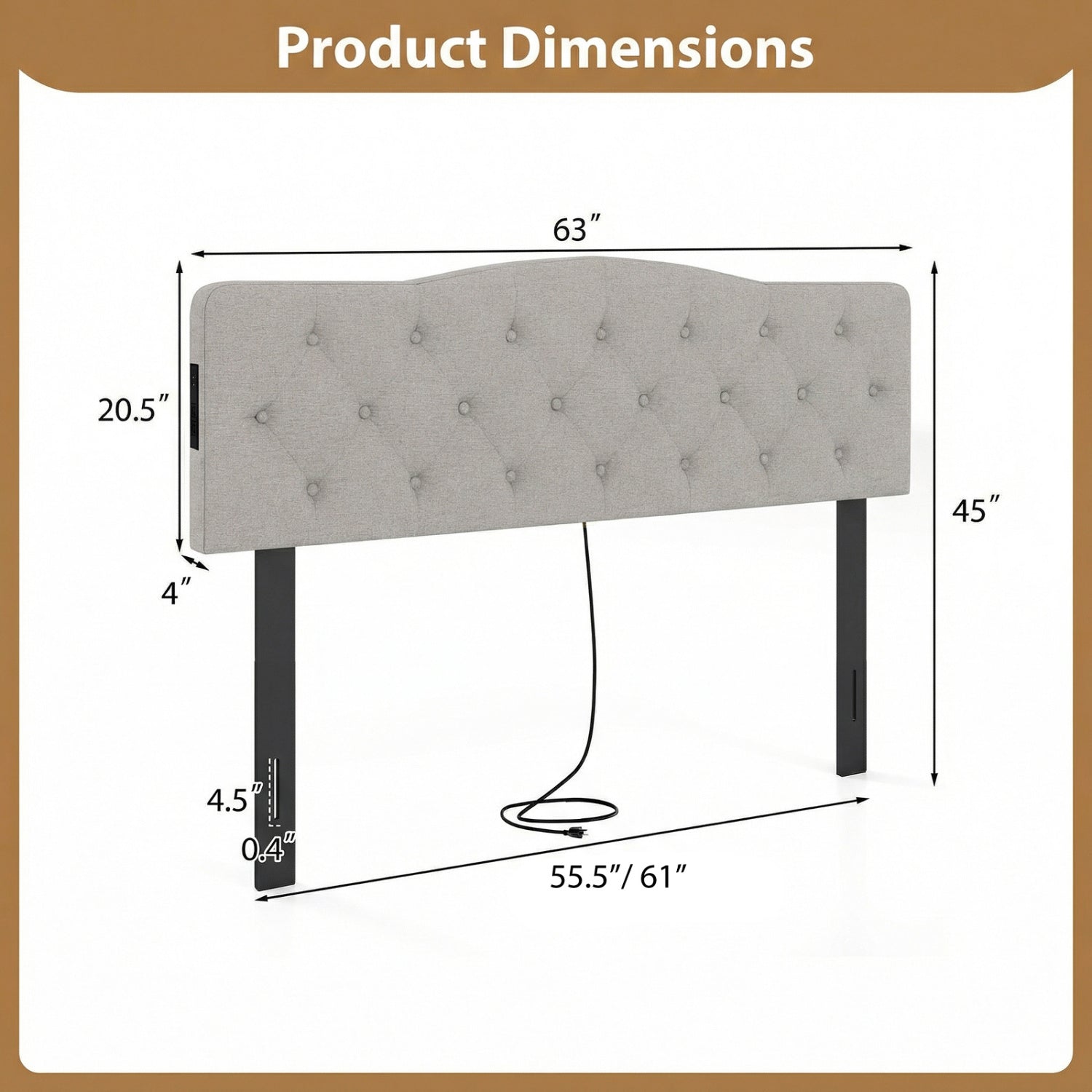 Tufted Upholstered Headboard, Queen Full Size, 2 AC Outlets, Gray Headboards at Gallery Canada