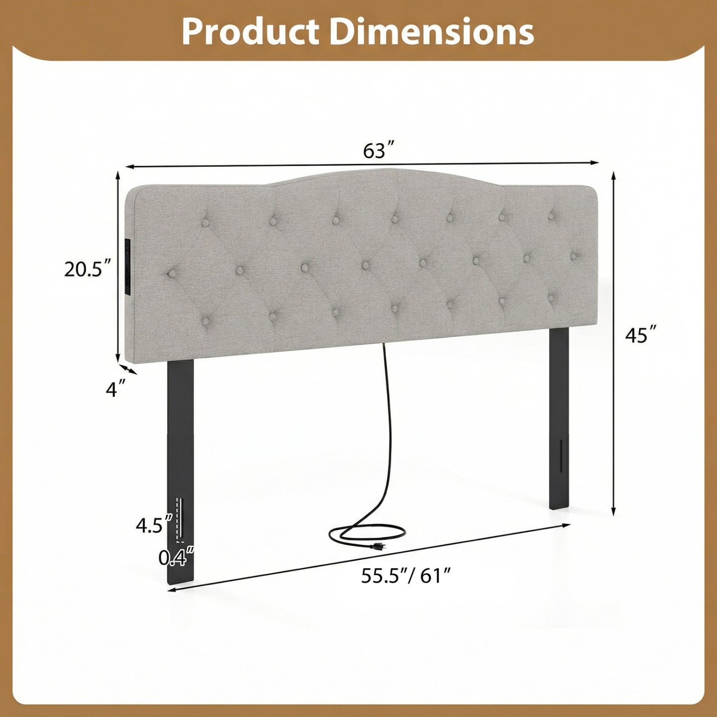 Tufted Upholstered Headboard, Queen Full Size, 2 AC Outlets, Gray Headboards at Gallery Canada