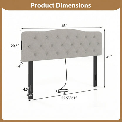 Tufted Upholstered Headboard, Queen Full Size, 2 AC Outlets, Gray Headboards at Gallery Canada