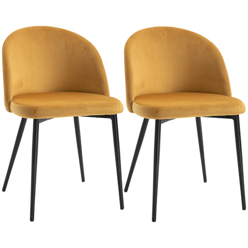 Set of 2 Mid-Back Dining Chairs, Velvet Upholstery, Yellow