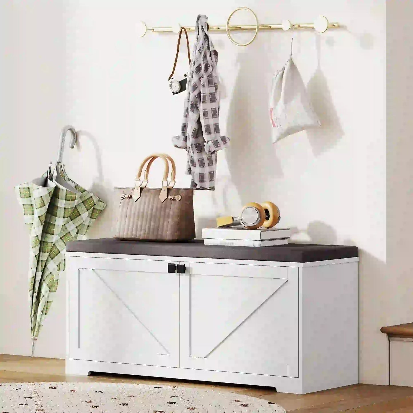 Shoe Storage Bench with Padded Seat, 8 Pairs, White Wood Grain, White Shoe Storage Cabinets & Racks at Gallery Canada