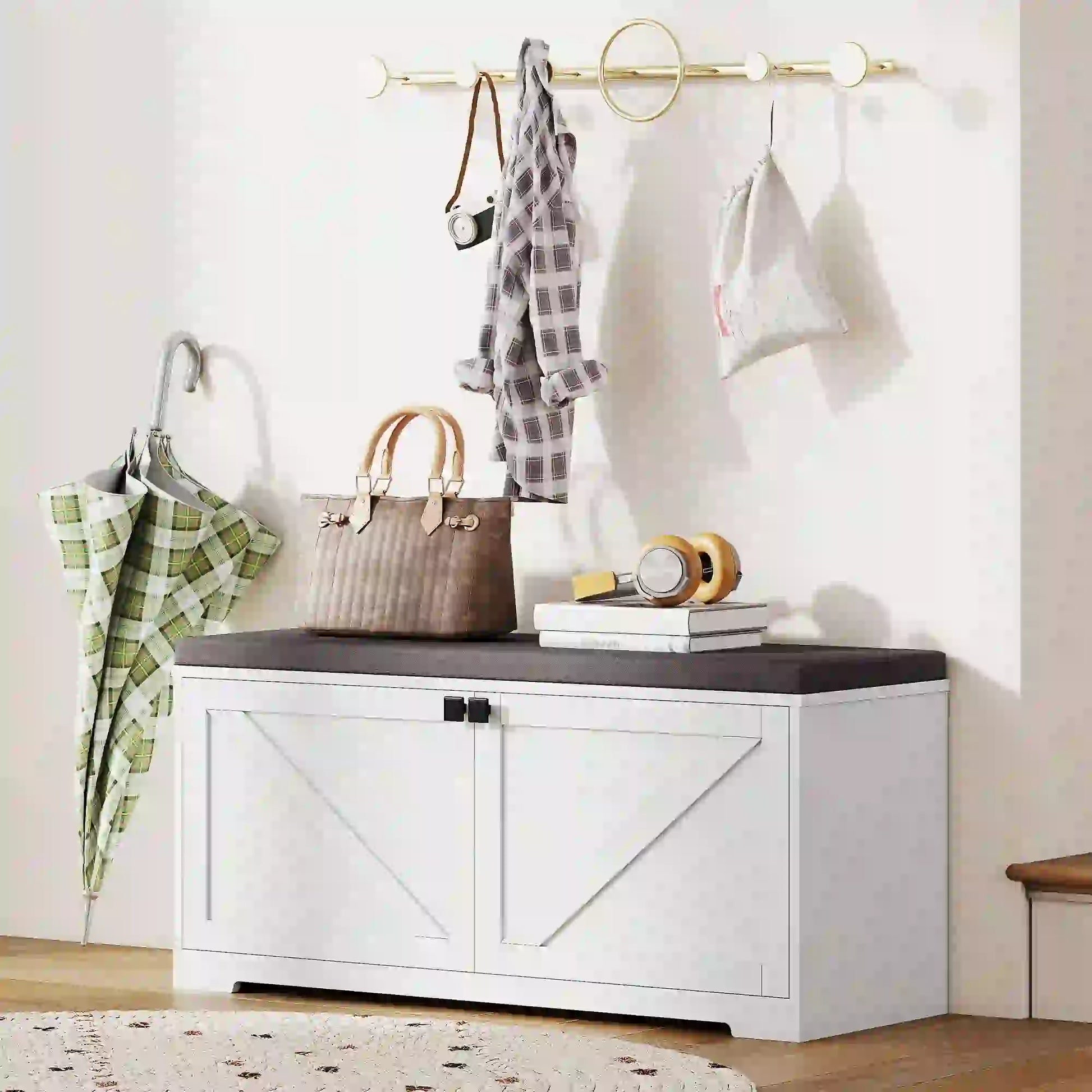 Shoe Storage Bench with Padded Seat, 8 Pairs, White Wood Grain, White Shoe Storage Cabinets & Racks at Gallery Canada