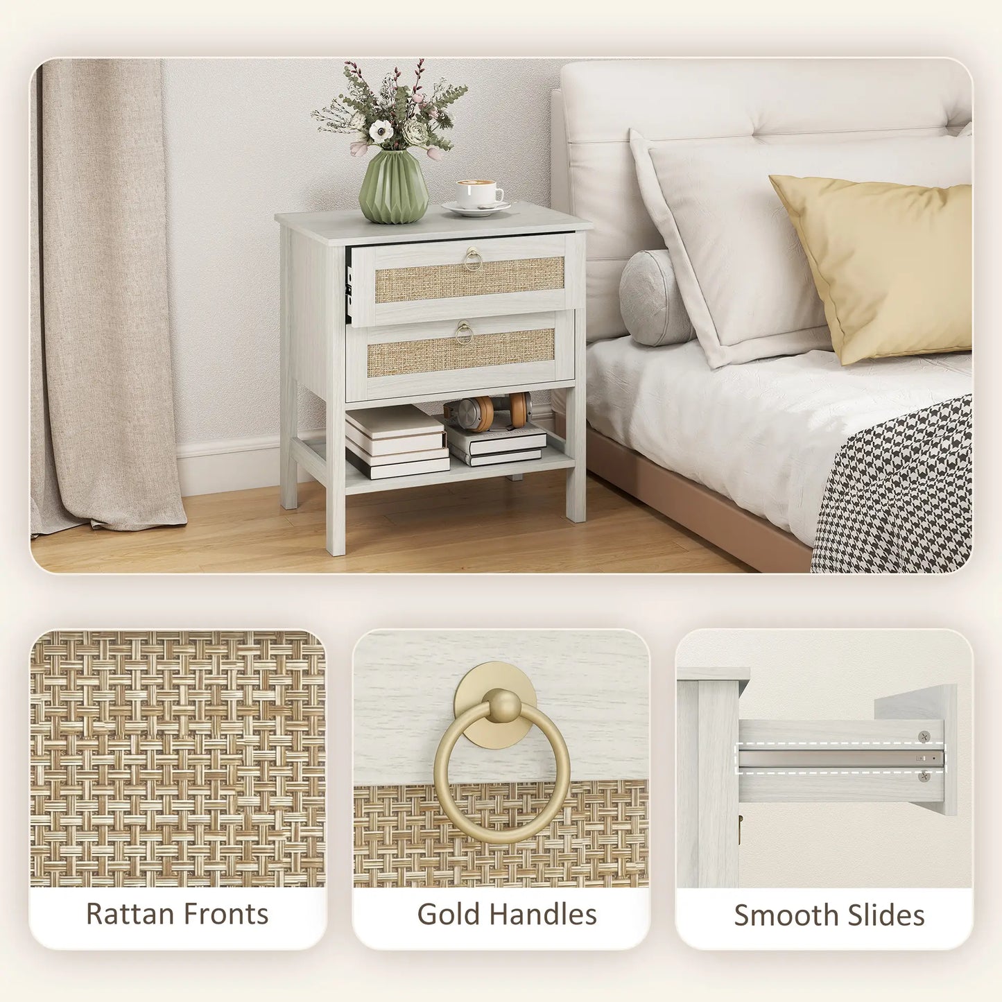 Set Of 2 Rattan Nightstands, 2 Drawers, Storage Shelf, White Oak Bedside Tables at Gallery Canada