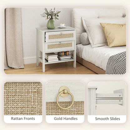 Set Of 2 Rattan Nightstands, 2 Drawers, Storage Shelf, White Oak Bedside Tables at Gallery Canada