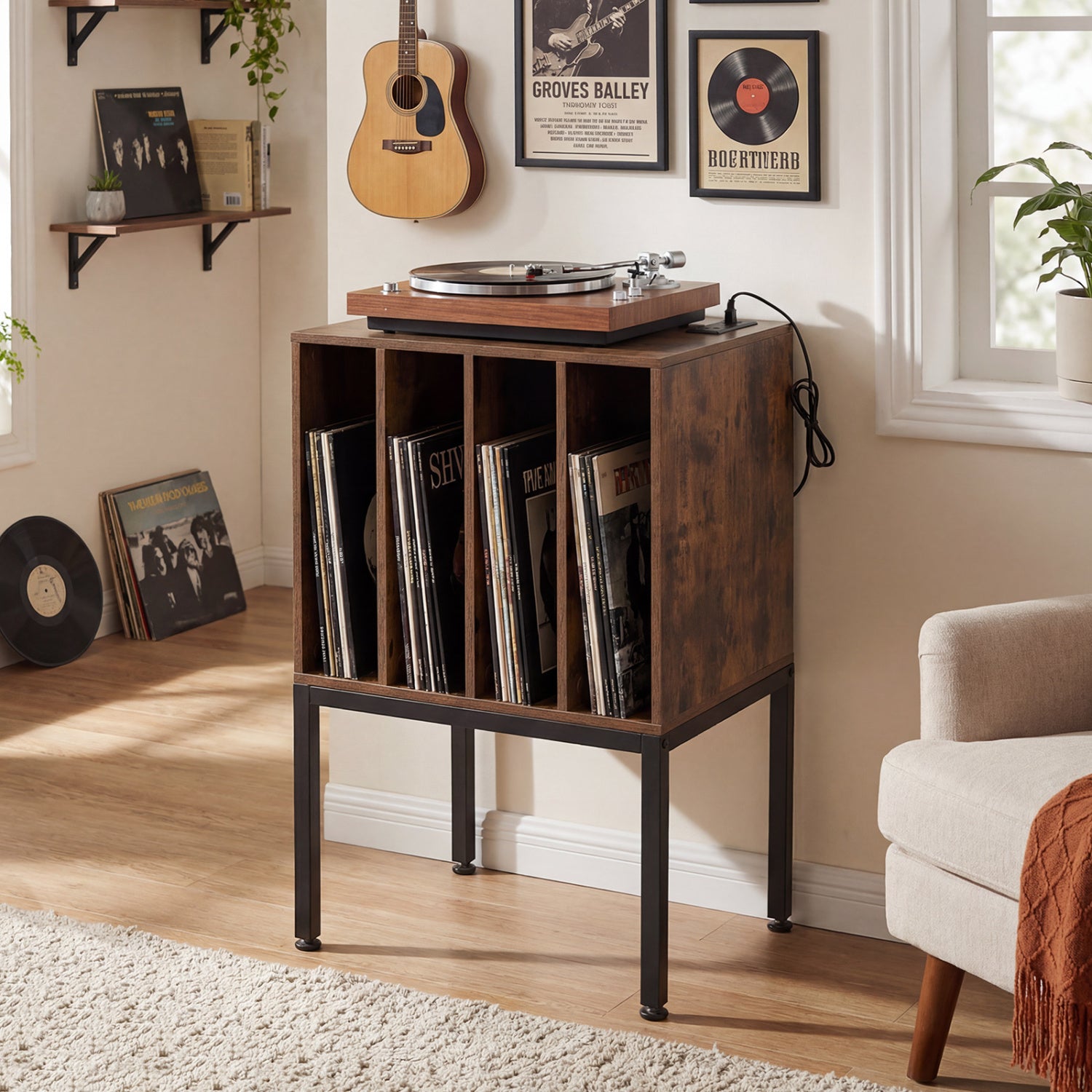 Turntable Record Player Stand With Power Outlets, Rustic Brown End & Side Tables at Gallery Canada