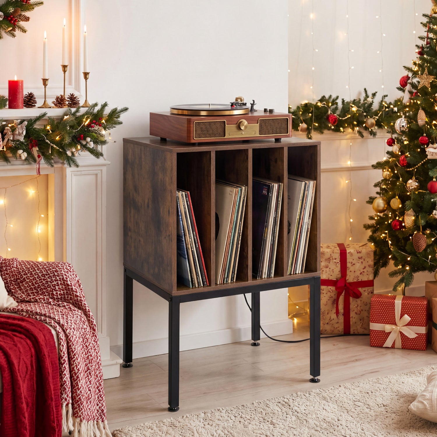 Turntable Record Player Stand With Power Outlets, Rustic Brown End & Side Tables at Gallery Canada