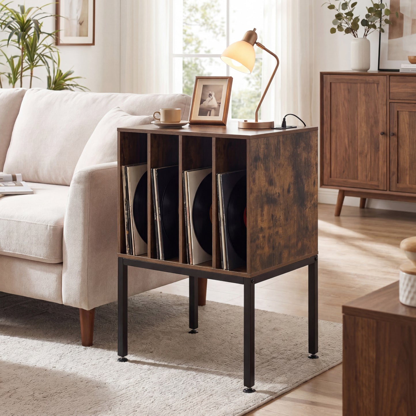 Turntable Record Player Stand With Power Outlets, Rustic Brown End & Side Tables at Gallery Canada