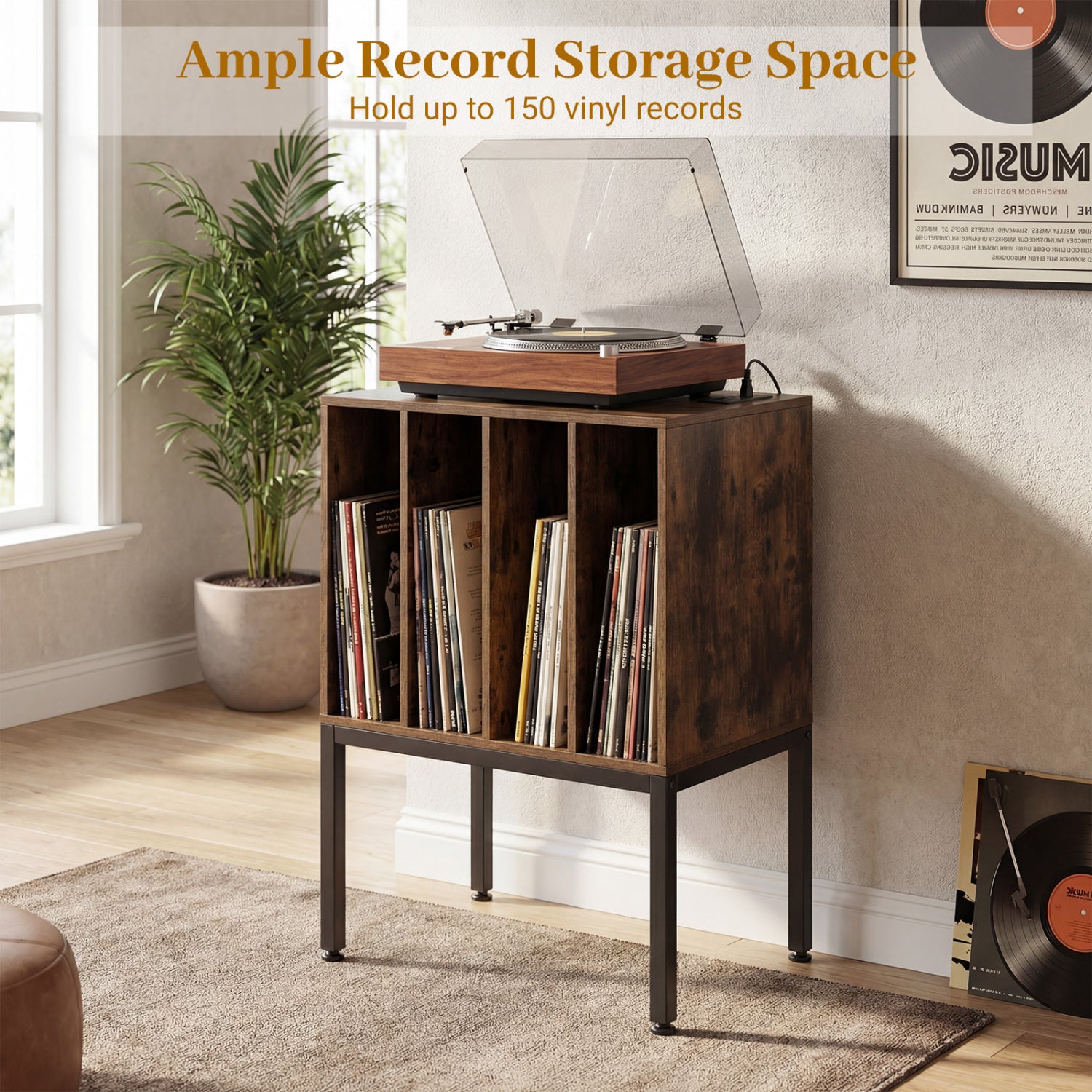 Turntable Record Player Stand With Power Outlets, Rustic Brown End & Side Tables at Gallery Canada