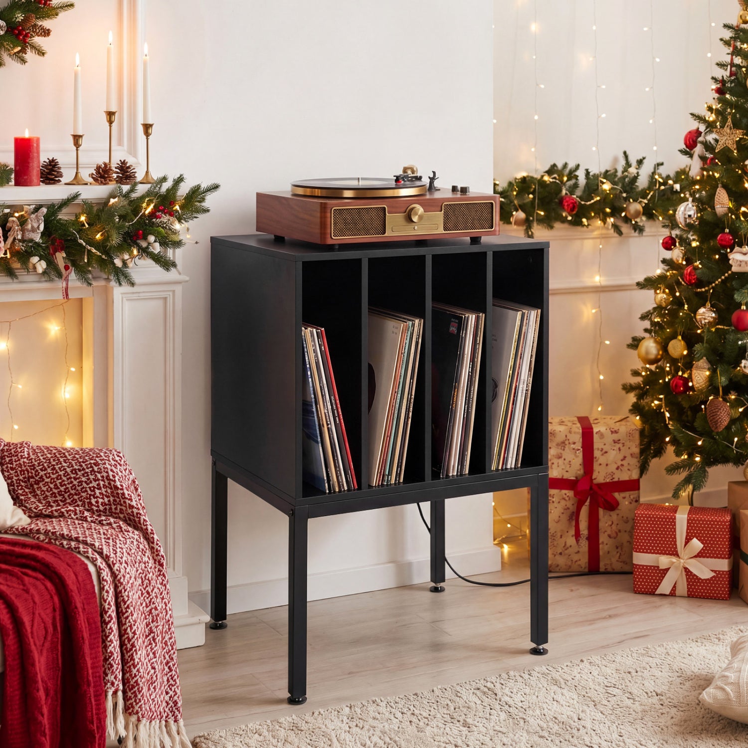 Turntable Record Player Stand With Power Outlets, Black End & Side Tables at Gallery Canada