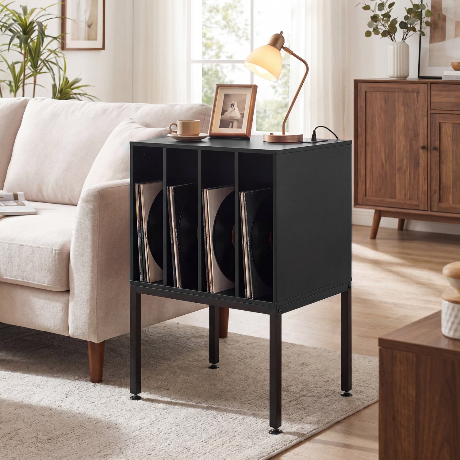 Turntable Record Player Stand With Power Outlets, Black End & Side Tables at Gallery Canada