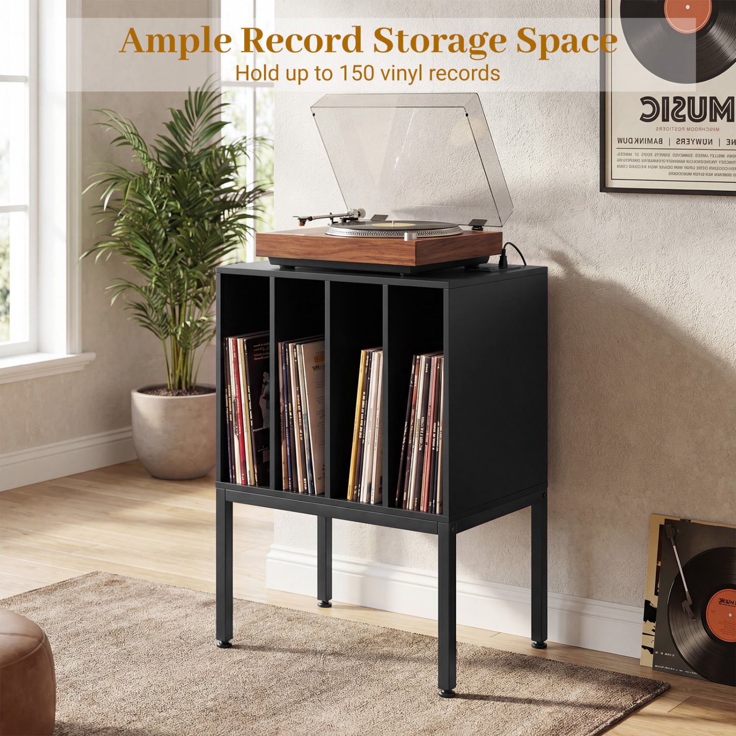 Turntable Record Player Stand With Power Outlets, Black End & Side Tables at Gallery Canada
